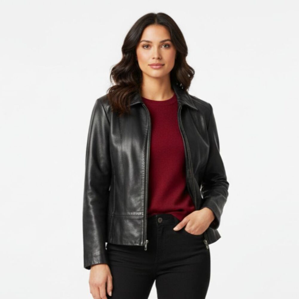 Nine West 100% Leather Black Zip Long Sleeve Jacket L